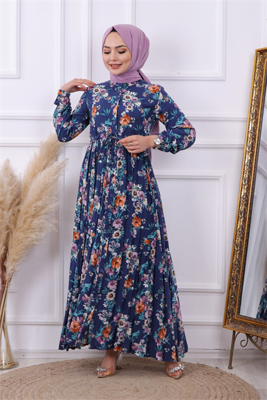 Çiçek  Desen Viskon Elbise Lacivert