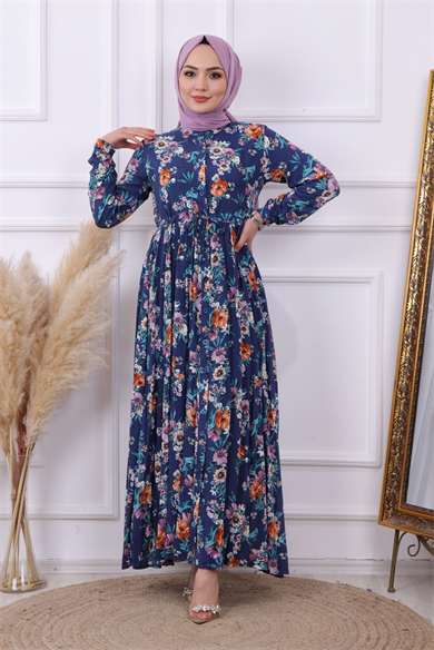 Çiçek  Desen Viskon Elbise Lacivert