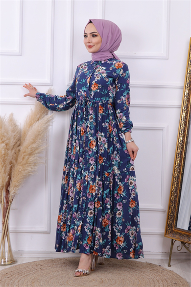 Çiçek  Desen Viskon Elbise Lacivert