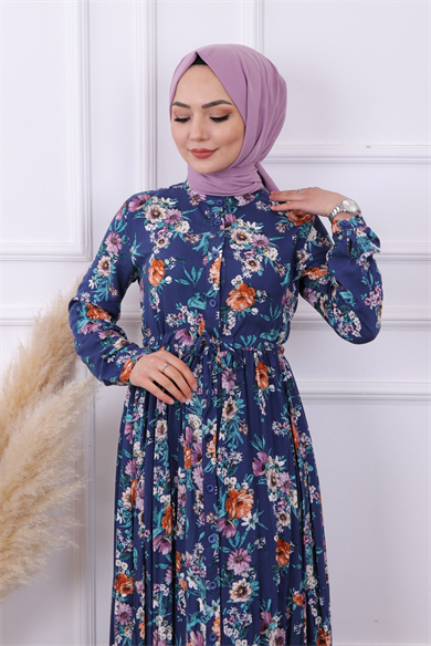 Çiçek  Desen Viskon Elbise Lacivert