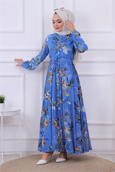 Çiçek Desen Viskon Elbise Mavi
