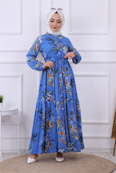 Çiçek Desen Viskon Elbise Mavi