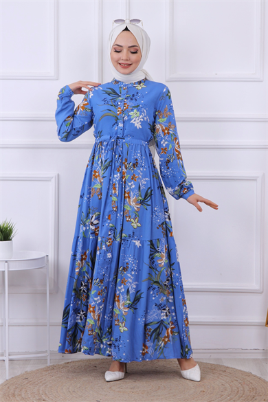Çiçek Desen Viskon Elbise Mavi