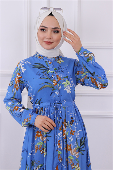 Çiçek Desen Viskon Elbise Mavi