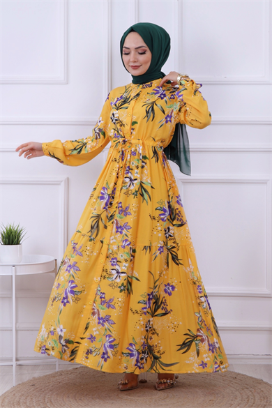 Çiçek Desen Viskon Elbise Sarı