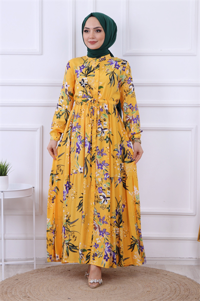 Çiçek Desen Viskon Elbise Sarı