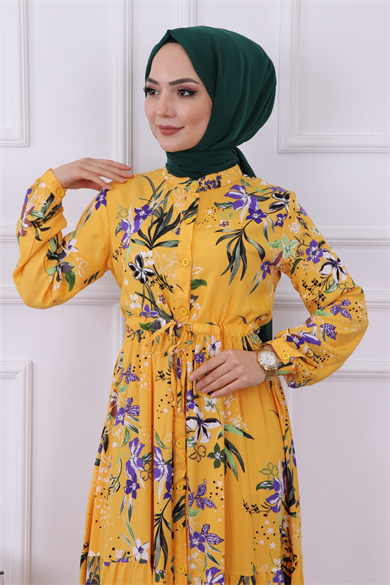 Çiçek Desen Viskon Elbise Sarı