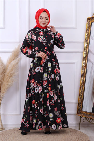 Çiçek  Desen Viskon Elbise Siyah