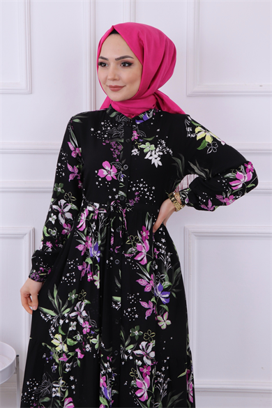 Çiçek Desen Viskon Elbise Siyah
