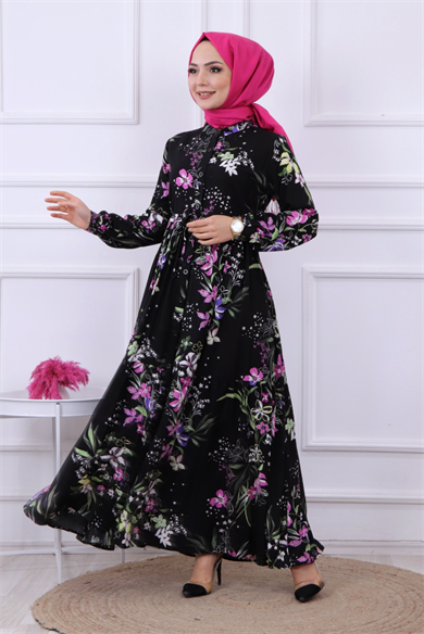 Çiçek Desen Viskon Elbise Siyah