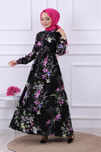Çiçek Desen Viskon Elbise Siyah