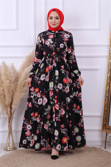 Çiçek  Desen Viskon Elbise Siyah
