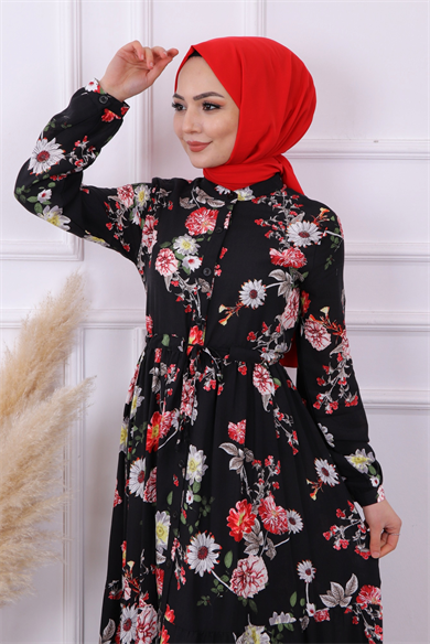 Çiçek  Desen Viskon Elbise Siyah