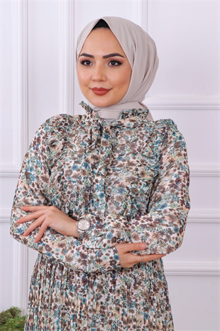 Çiçek Desenli Beli Lastikli Altı Pliseli Elbise Yeşil Krem