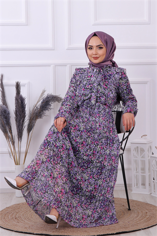 Çiçek Desenli Beli Lastikli Altı Pliseli Elbise Lacivert-Lila