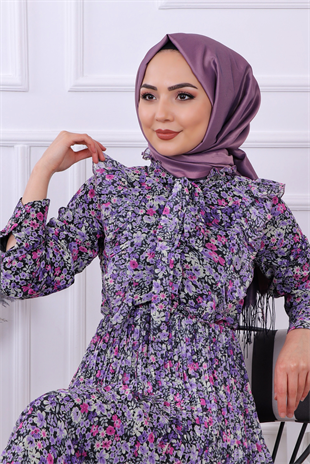 Çiçek Desenli Beli Lastikli Altı Pliseli Elbise Lacivert-Lila