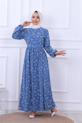 Çiçek Desenli Elbise İndigo