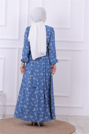 Çiçek Desenli Elbise İndigo