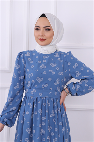 Çiçek Desenli Elbise İndigo