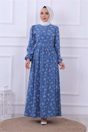 Çiçek Desenli Elbise İndigo