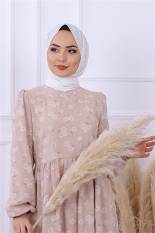 Çiçek Desenli Elbise Krem