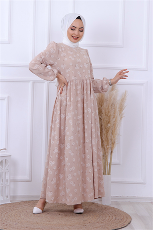 Çiçek Desenli Elbise Krem