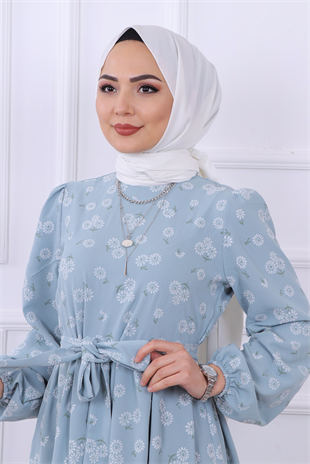 Çiçek Desenli Elbise Mavi