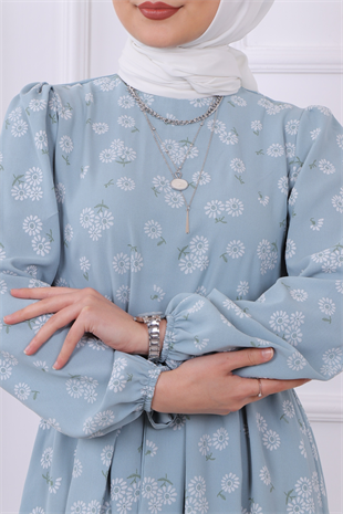 Çiçek Desenli Elbise Mavi