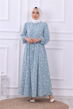 Çiçek Desenli Elbise Mavi