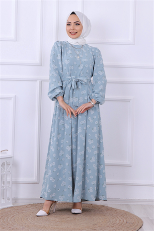 Çiçek Desenli Elbise Mavi