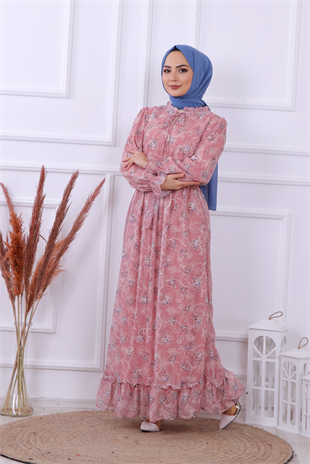 Çiçek Desenli Elbise Pudra