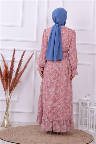 Çiçek Desenli Elbise Pudra