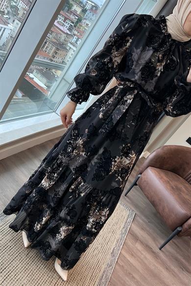 Çiçek Desenli Elbise Siyah