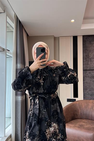 Çiçek Desenli Elbise Siyah