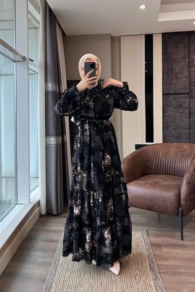 Çiçek Desenli Elbise Siyah