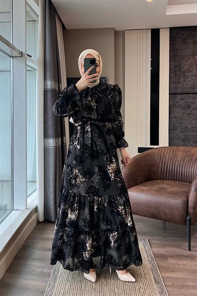 Çiçek Desenli Elbise Siyah