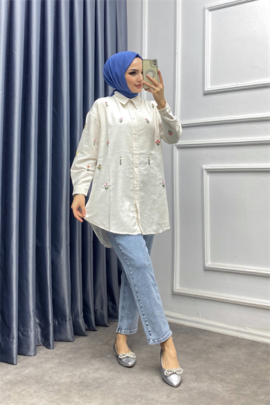 Çiçek İşlemeli Keten Tunik