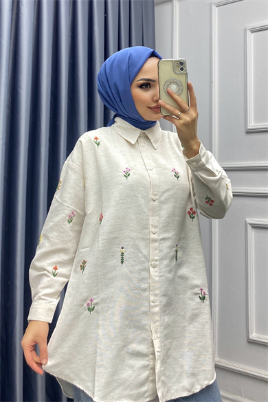 Çiçek İşlemeli Keten Tunik