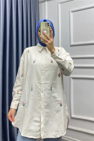 Çiçek İşlemeli Keten Tunik