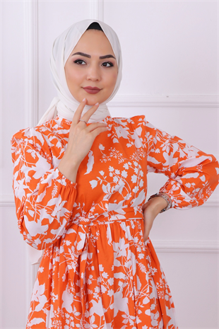 Çiçekli Elbise Turuncu