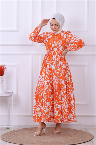Çiçekli Elbise Turuncu