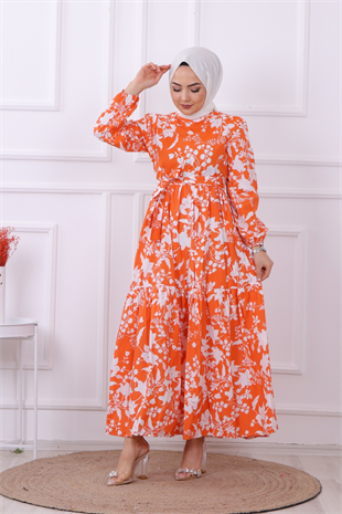Çiçekli Elbise Turuncu