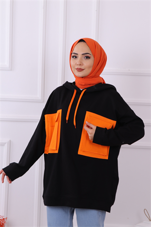 Çift Cepli Garnili Sweat Siyah
