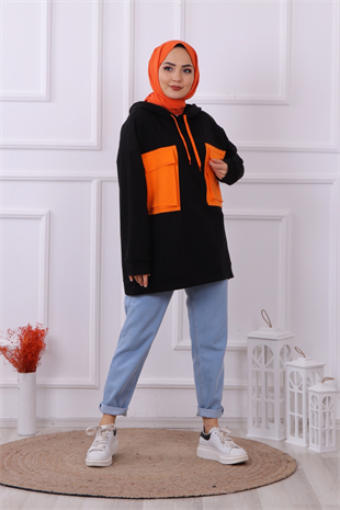 Çift Cepli Garnili Sweat Siyah