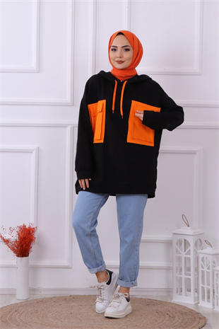 Çift Cepli Garnili Sweat Siyah