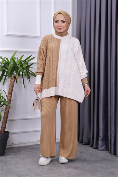 Çift Renk Tunik Camel-Krem