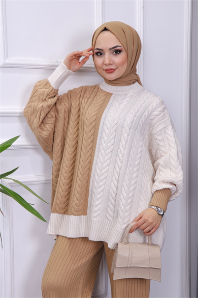 Çift Renk Tunik Camel-Krem