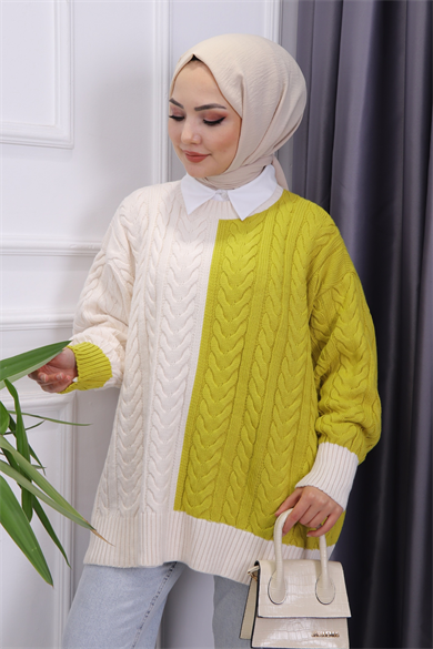 Çift Renk Tunik Yağ Yeşili-Krem