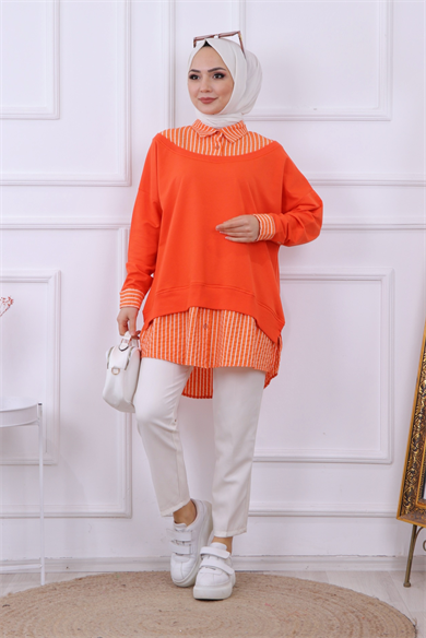 Çizgi Detaylı Sweat Turuncu
