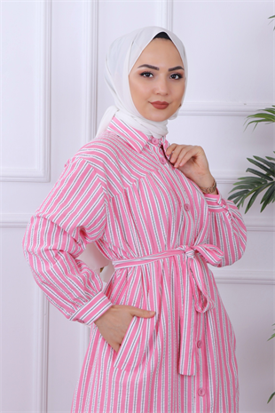 Çizgili Cep Ve Düğme Detaylı Tunik Pembe